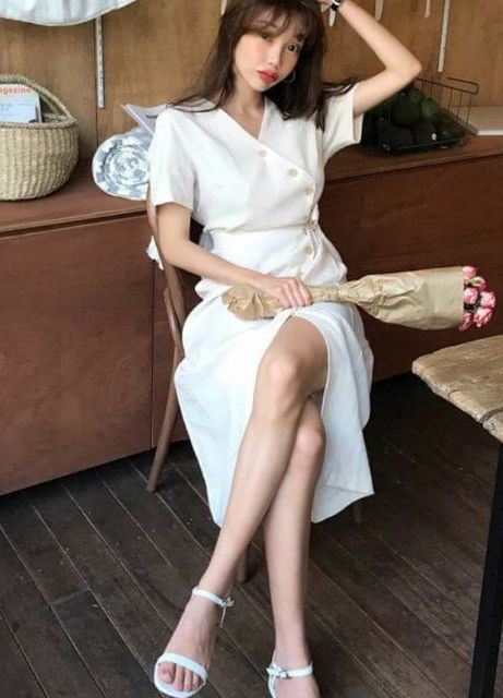 ĐẦM TRẮNG NÚT XÉO, CỔ V (có ảnh thật) MS97