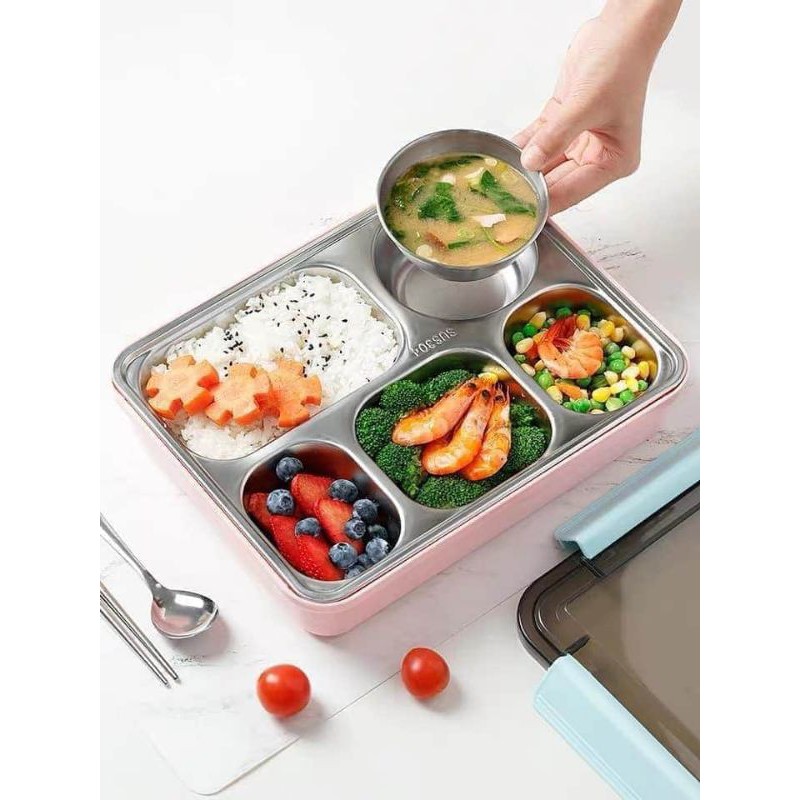 Khay Cơm Inox 5 Ngăn Có Nắp Đậy