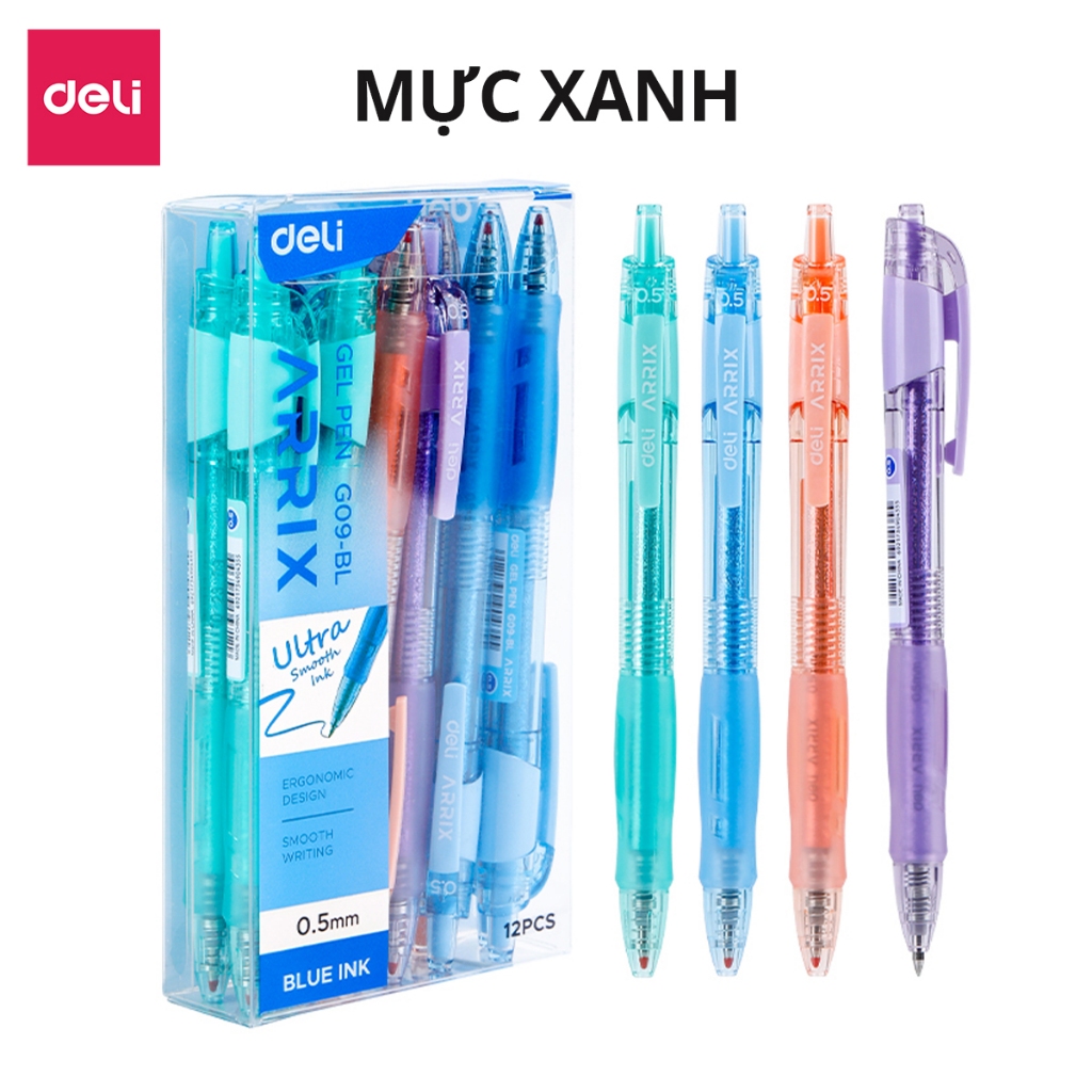 Combo 10 Bút gel bút bi mực nước màu pastel phối nhũ ngòi 0.5mm Deli - Bút bi nước mực đều viết trơn tru văn phòng phẩm cao cấp