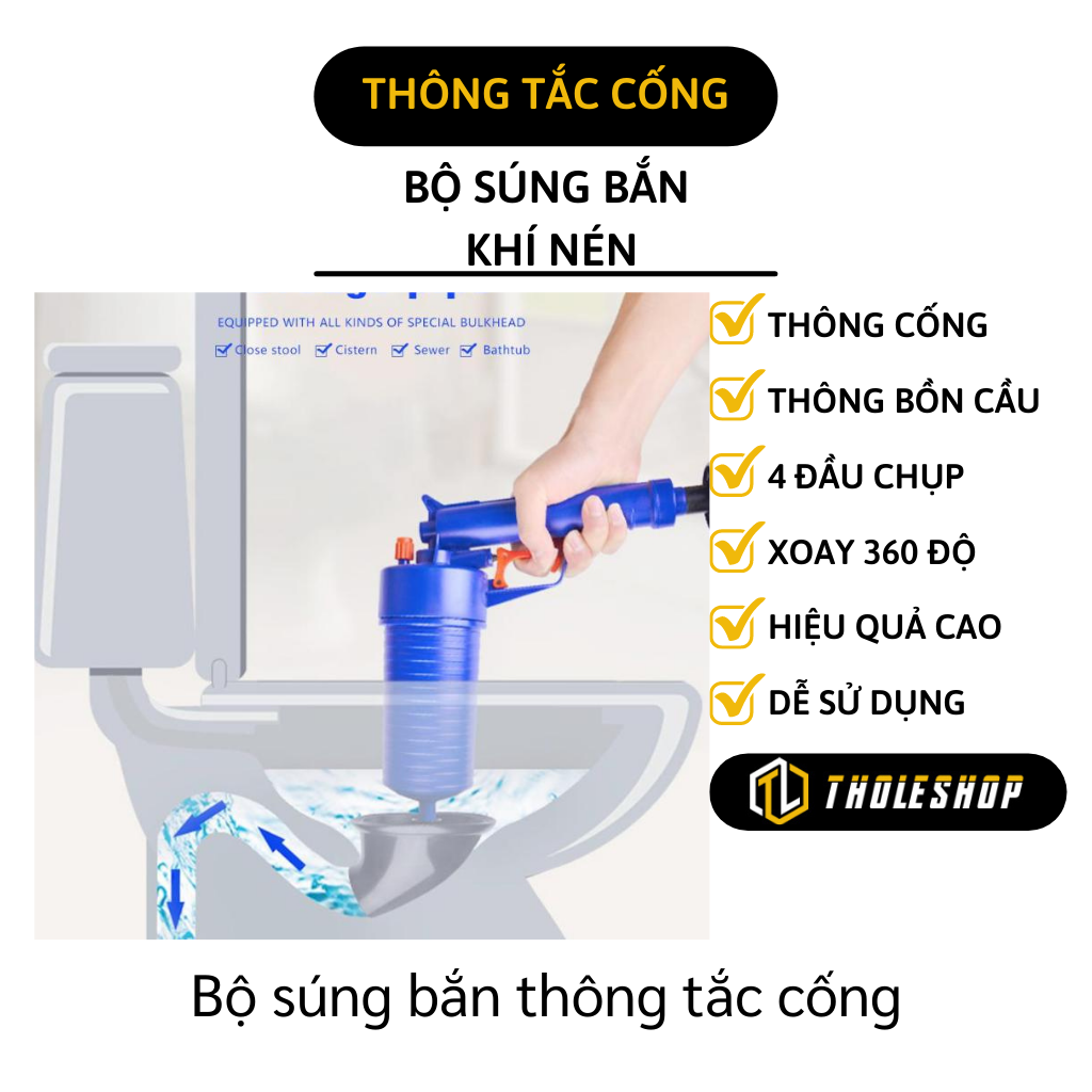 Dụng cụ thông tắc cống - Pít tông thông cống - Dụng cụ thông tắc bồn cầu, bồn rửa mặt, bồn rửa chén nén khí có 4 đầu bơm