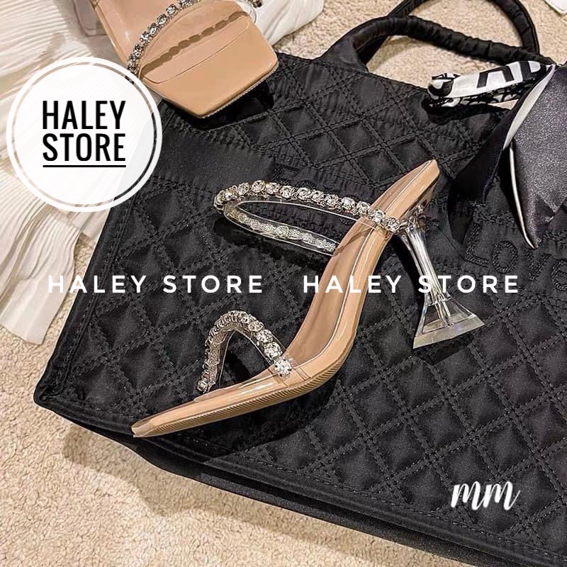 Guốc nữ HALEY STORE gót ly 9cm hai quai ngang đính đá xoàn pha lê sang