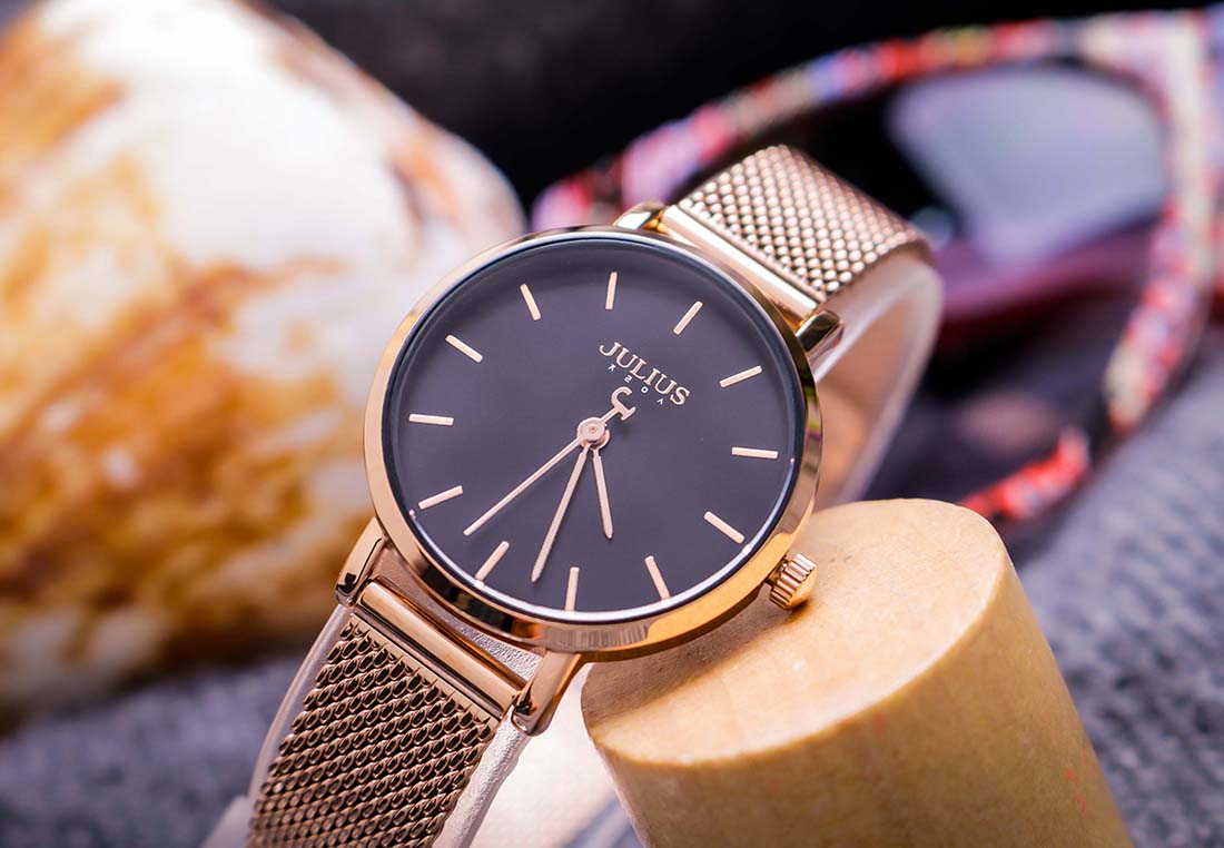 Đồng hồ cặp Julius Hàn Quốc JA-1164D dây thép (Đồng mặt đen)