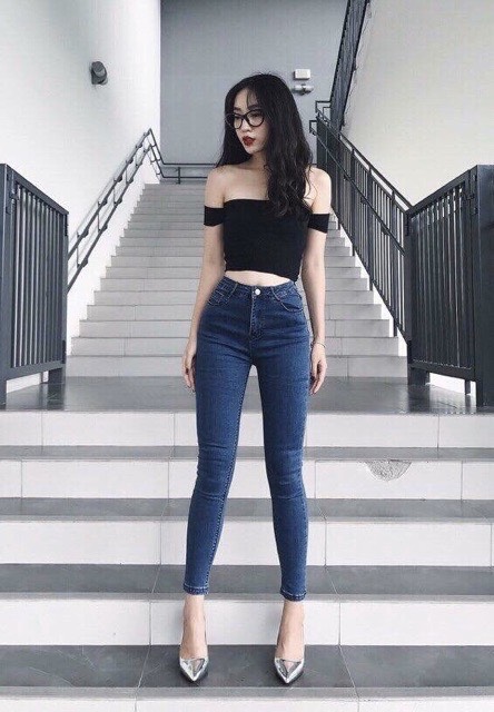 Quần jean nữ lưng cao màu xanh tiêu chất giãn siêu đẹp 03-2a-28