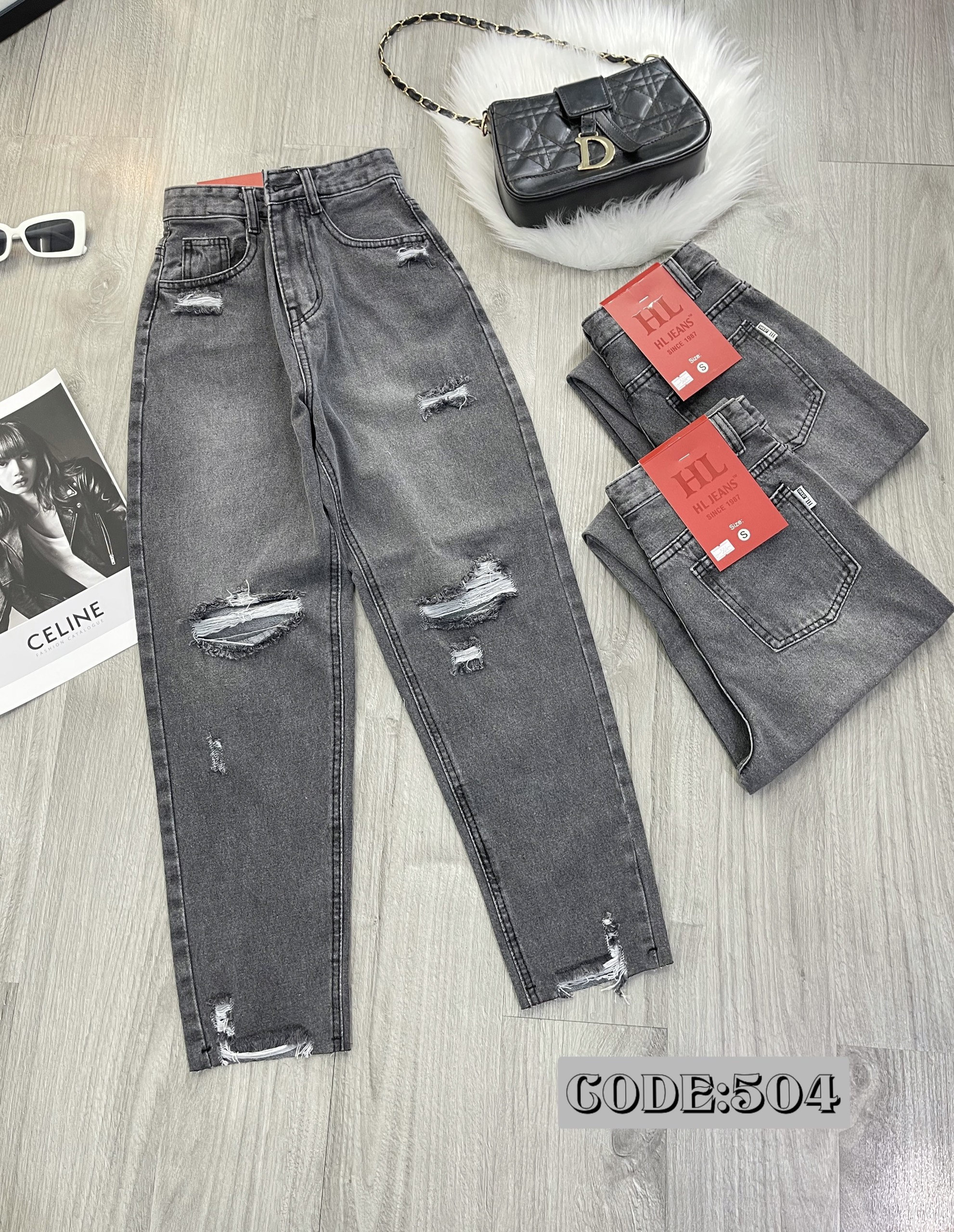 Quần jean baggy rách xước ngang lai cắt lưng cao màu xanh/xám chất dày mịn- TAMI JEANS SIÊU HOT HIT