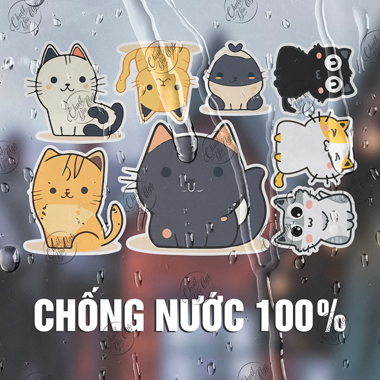 Bộ sticker con mèo dễ thương trang trí nón bảo hiểm laptop chất liệu chống thấm nước
