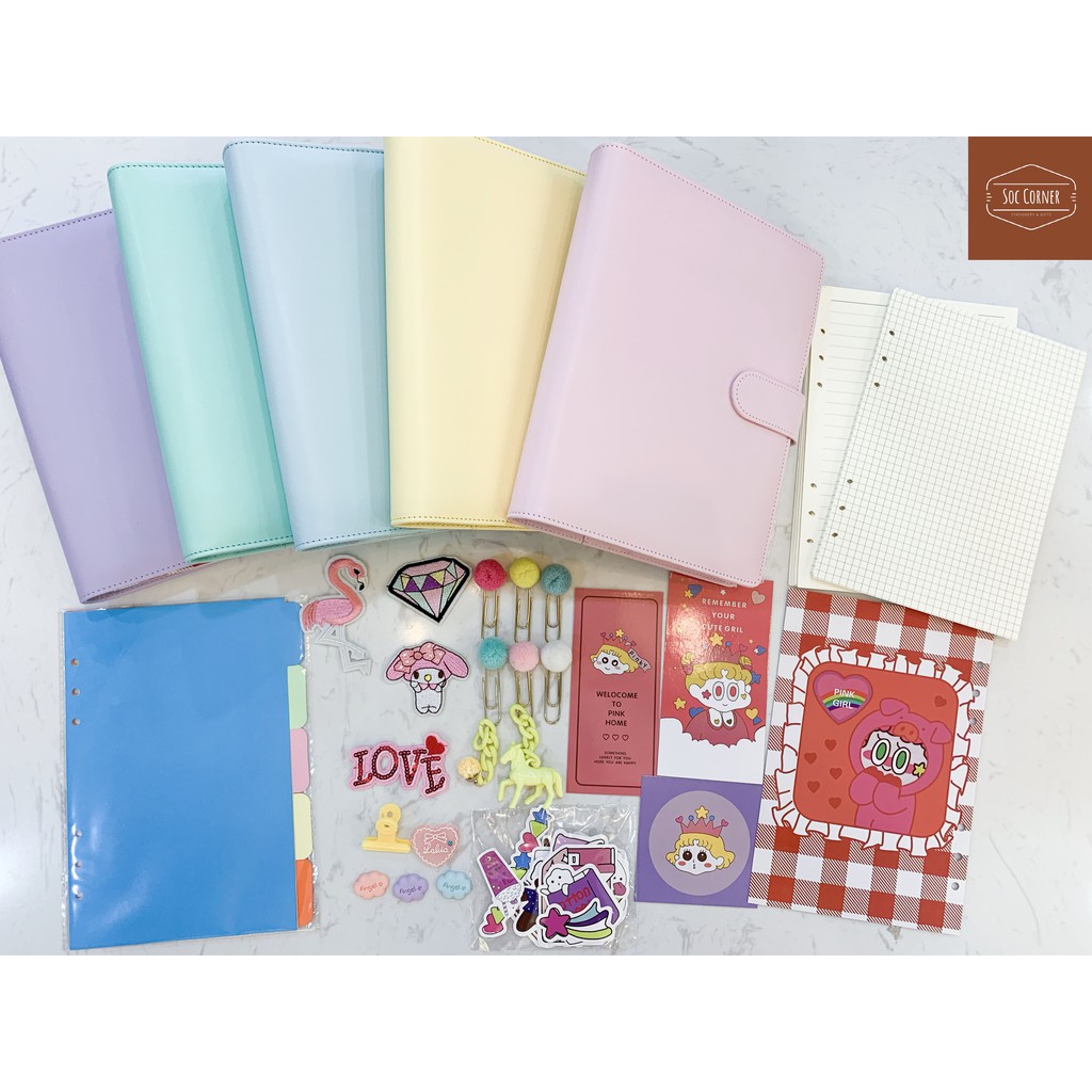 BỘ SẢN PHẨM SỔ CÒNG PLANNER 6 LỖ SIZE A5 (Giấy - Phân trang - Sticker - Bút - Kẹp - Móc)