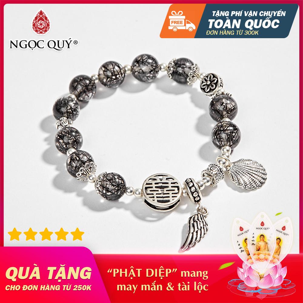 Vòng tay Nữ đá Thạch Anh Tóc Đen AAA phối charm cánh bạc 8mm - Ngọc Quý Gemstones