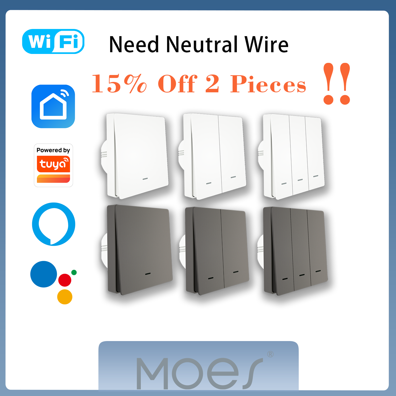 MOES WiFi Smart Push Button Switch 2-Way RF433 Wall Panel Transmitter Kit Smart life Tuya App Control Works with Alexa Home
