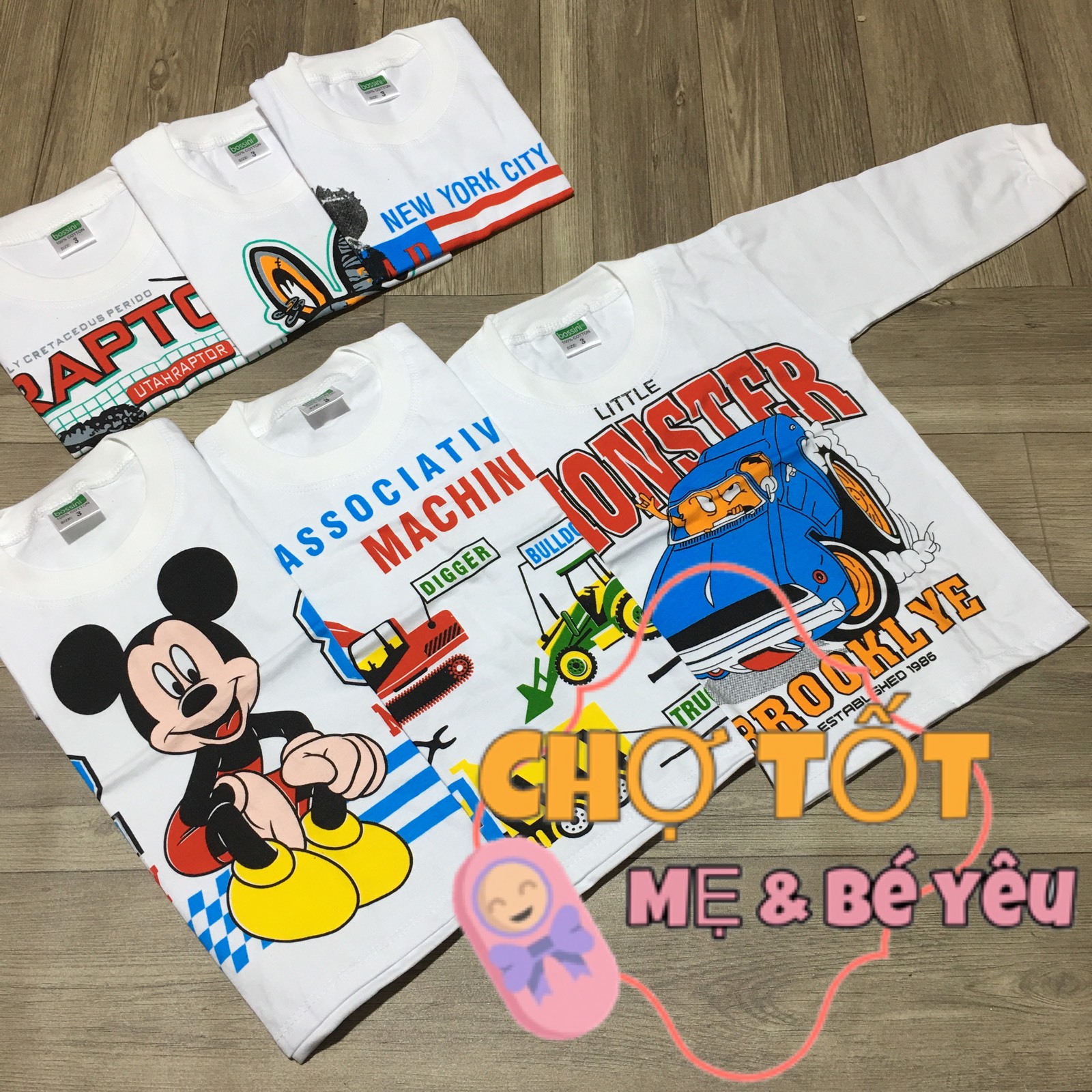 Combo 5 Áo Thun Tay Dài Cotton Trắng Mặc Nhà Cho Bé Bossini ( Áo Thun Cotton Dài Tay Vải Mềm Mát 6-65kg)