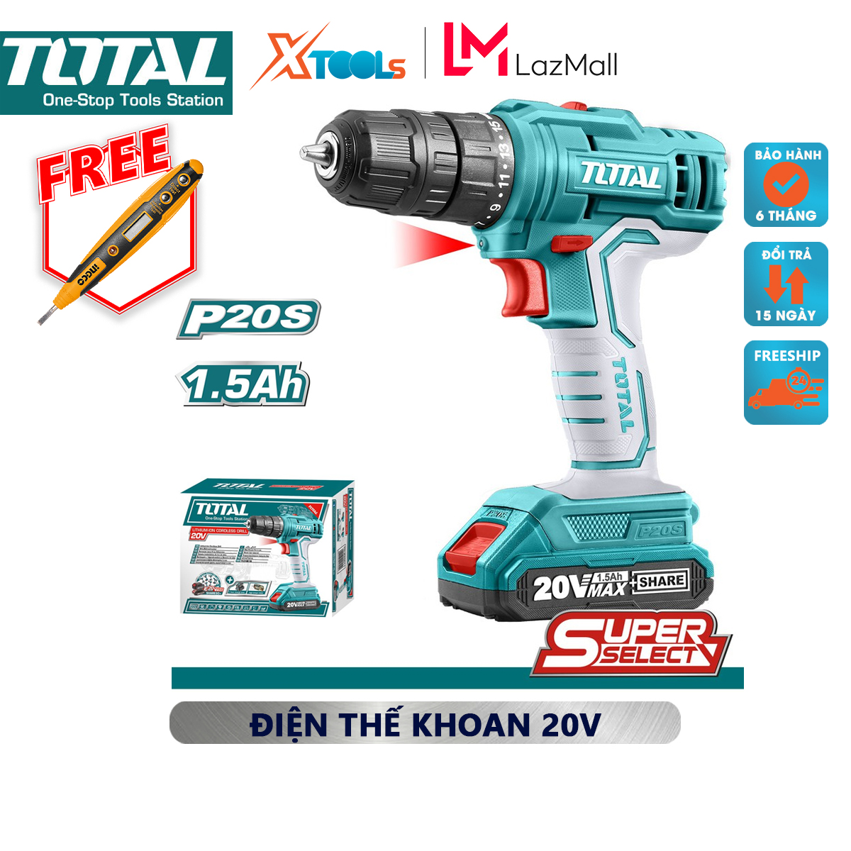 Máy khoan vặn vít dùng pin TOTAL TDLI20011 máy siết ốc vít sử dụng pin điện thế 20V có khả năng khoan tối đa: 0.8- 10mm chính hãng gọn tay [XSAFE][XTOOLs]