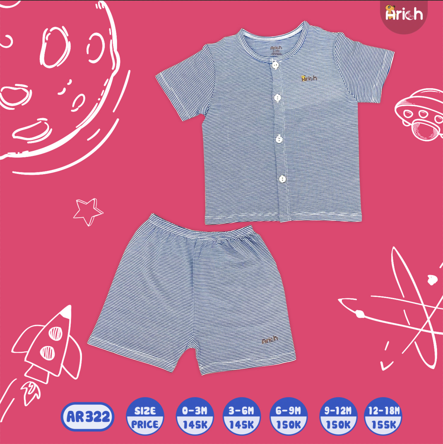 Bộ áo cộc nút cài thẳng cho bé sơ sinh đến 18 tháng - ARICH