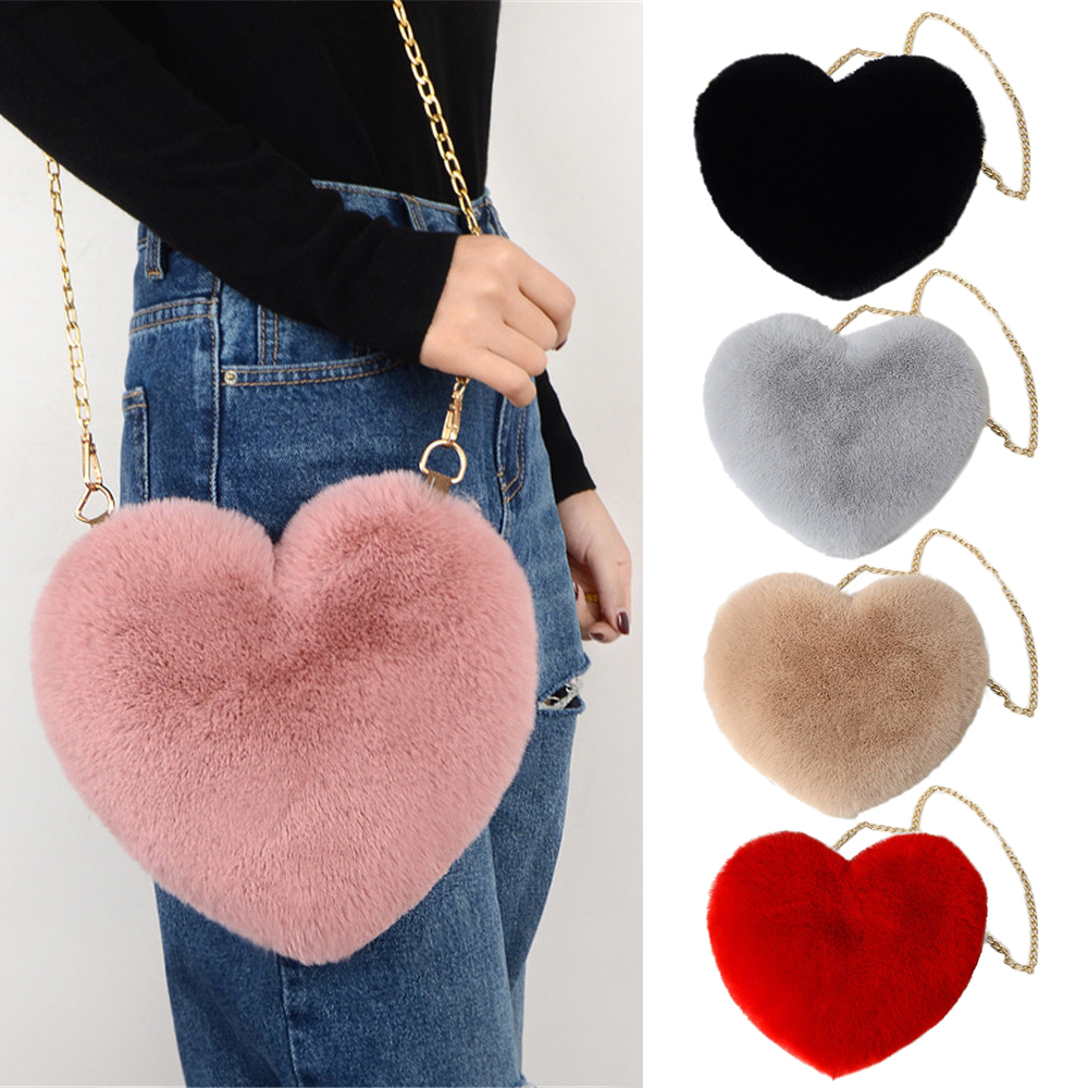 WENKEN Phụ nữ Lông giả mềm Dễ thương Chuỗi Hình trái tim Túi đeo vai Túi thư Túi xách đeo chéo