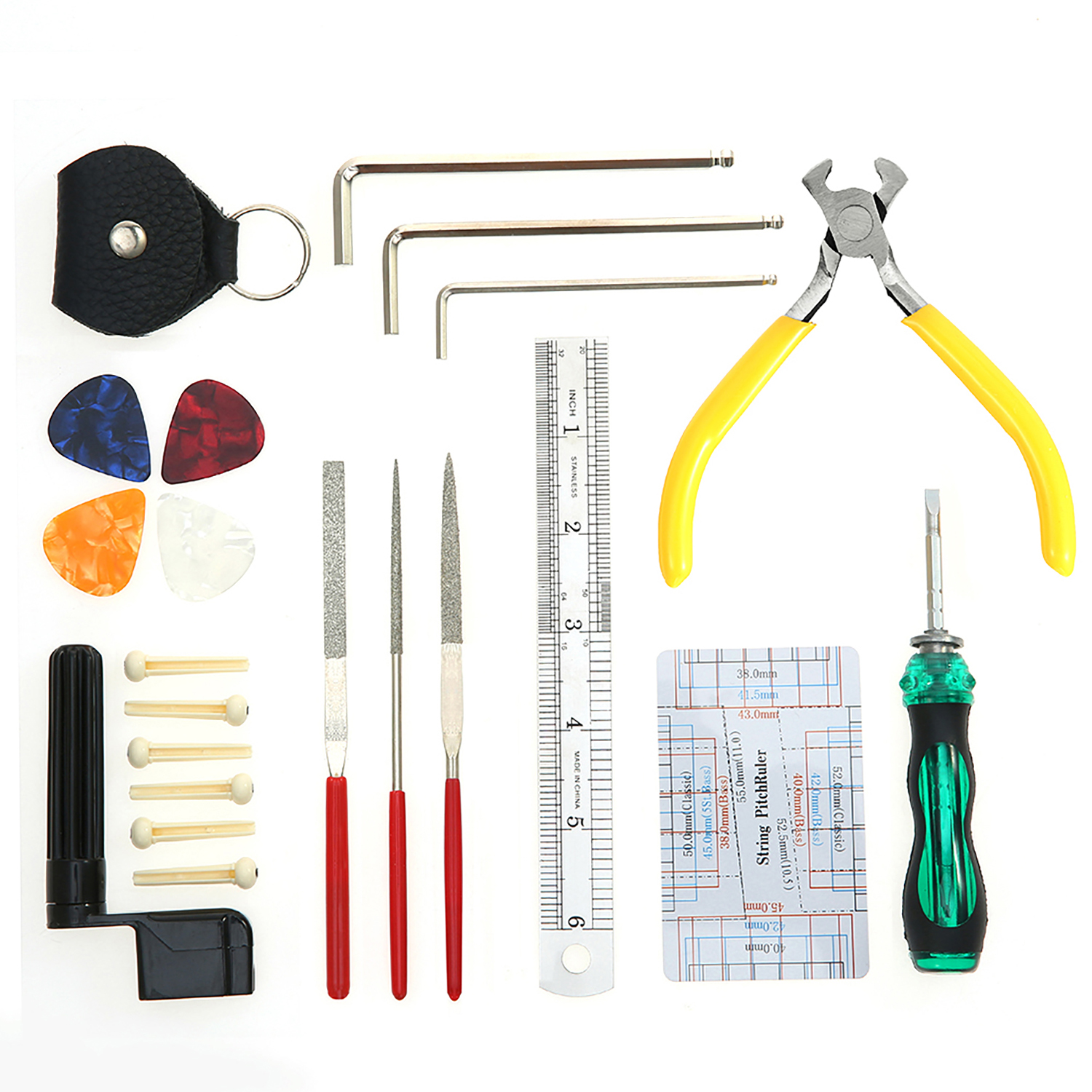 Guitar Repairing Maintenance Cleaning Tool Kit Includes String Action Ruler & Gauge Measuring Tool & Hex Wrench Set & Files & String Winder & String Cutter & Bridge Pins & Picks & Picks Bag for Guitar Ukulele Bass Mandolin Banjo