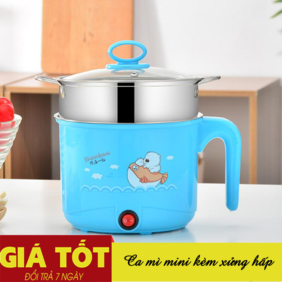 Hàng Loại 1 - Ca mì 18cm có giá hấp INOX Cooking Pot - ca nấu mì có lồng hấp siêu tốc-nồi nấu mì mini kèm lồng hấp 18cm - Nồi nấu lẩu kèm giá hấp - Ca nấu mì đa năng cho 2 người