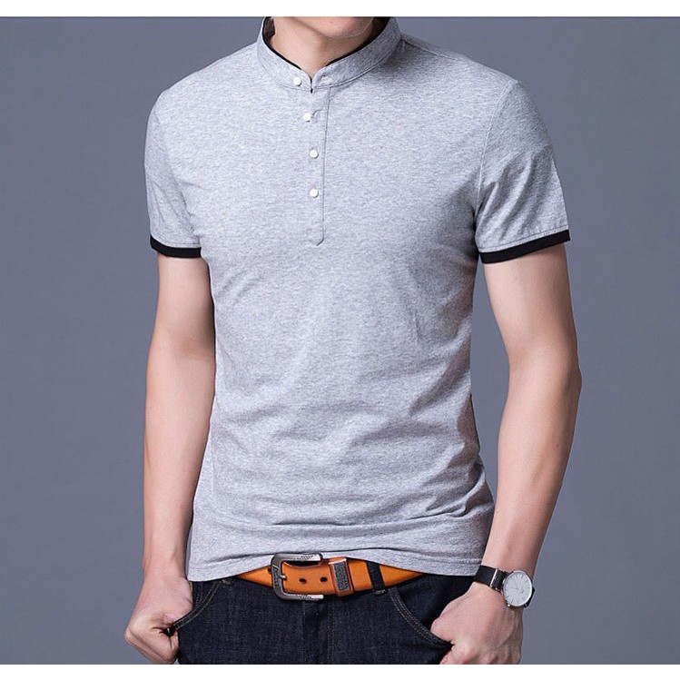 [HCM]Áo thun nam cổ trụ thời trang màu xám PIOUS