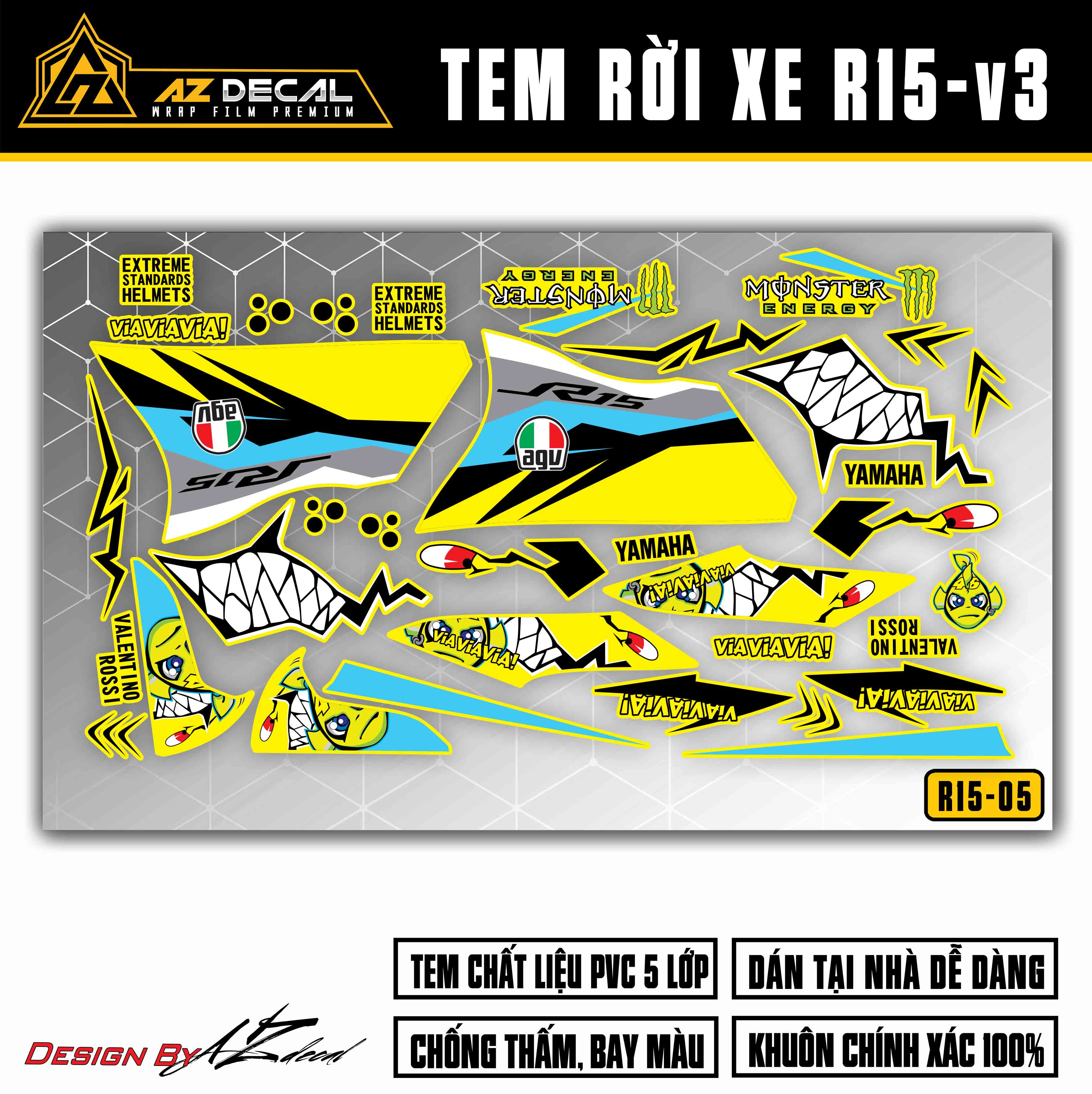 Tem rời xe r15v3 mẫu cá mập | r15v305 | decal dán xe r15v3 cho màu xe đen, đỏ, vàng, xanh gp, xám - azdecal