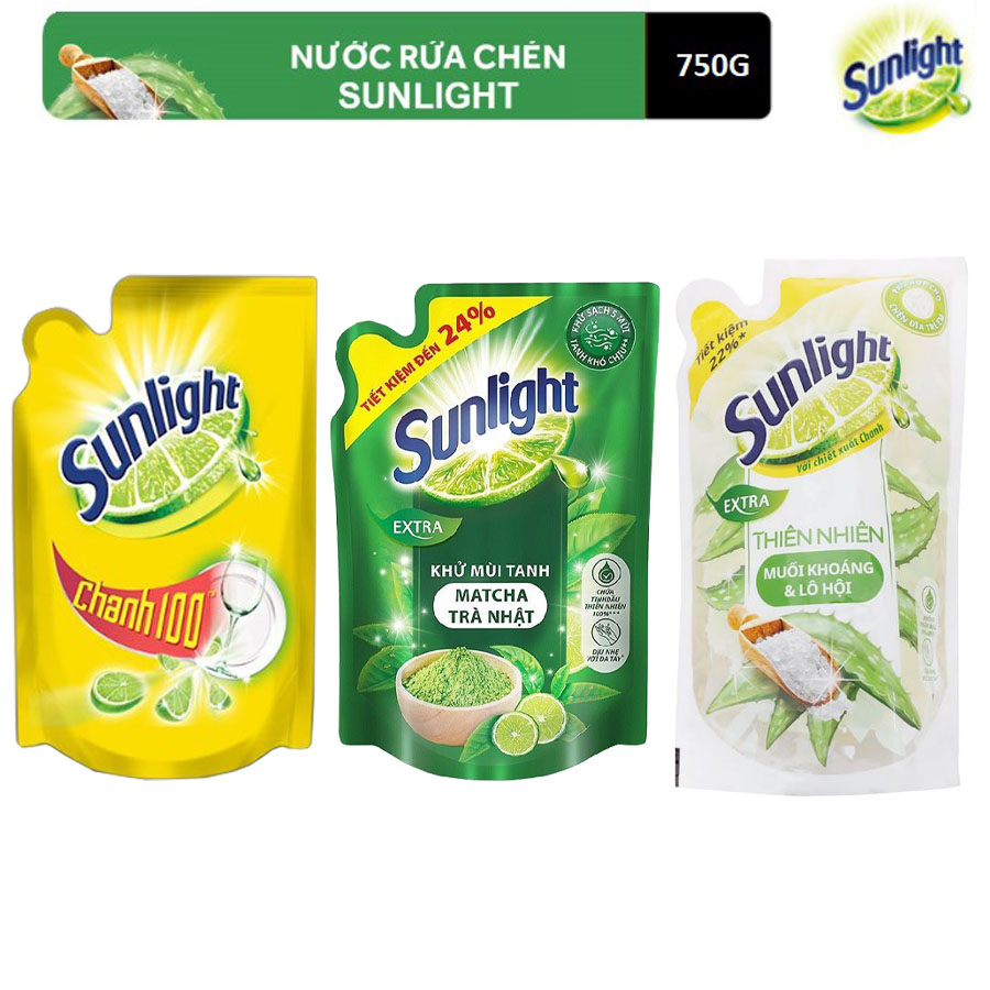 [HCM]Nước rửa chén Sunlight túi 750g (Matcha trà nhật/Chanh/Lô hội)