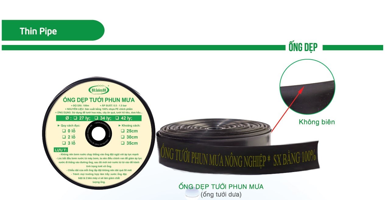 ỐNG TƯỚI DẸP PHUN MƯA PHI 42MM, CHIỀU DÀI 100M (ỐNG AVA ĐỤC 3 LỖ)