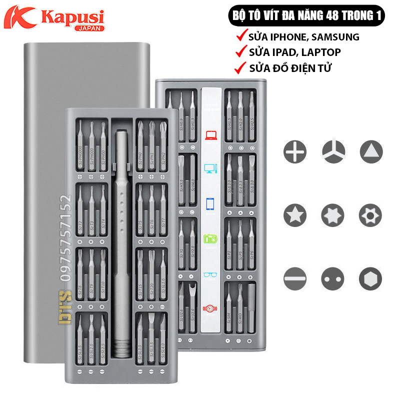 Bộ tua vít đa năng mini Kapusi 48 đầu có nam châm vít thép Nhật, dụng cụ mở sửa chữa điện thoại, iphone, laptop, điện tử, bộ tô vít sửa chữa iphone, bộ tô vít đa năng nhỏ gọn, bộ tua vít từ tính chính xác 48 trong 1