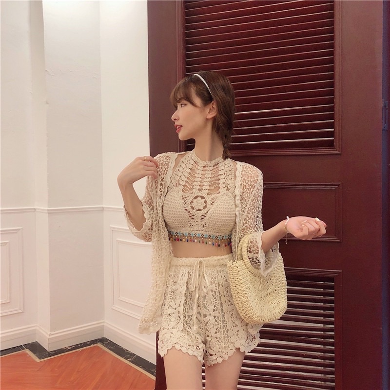 54-Sét Ren Bikini Đi Biển Thổ Cẩm QC 3 Món