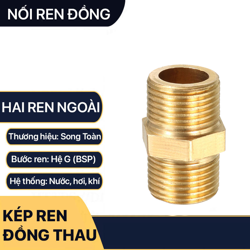 Nối ren 21 dài 5cm, 7cm đồng thau, kép ren ngoài 21 thau
