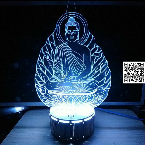 971 Hình Phật Thích Ca Led 3D Sáng trắng hình phật Nguồn 5V USB Đèn ngủ trang trí nghệ thuật đế gỗ hào quang