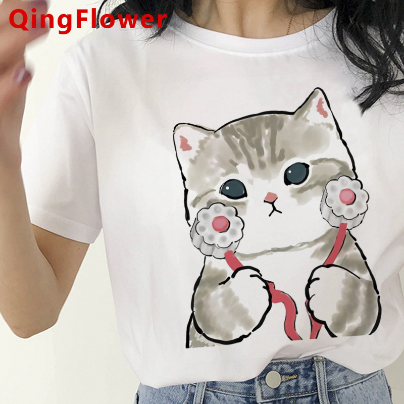 卡哇伊猫搞笑卡通图案T恤女原宿可爱动漫T恤风格时尚T恤上衣T恤女