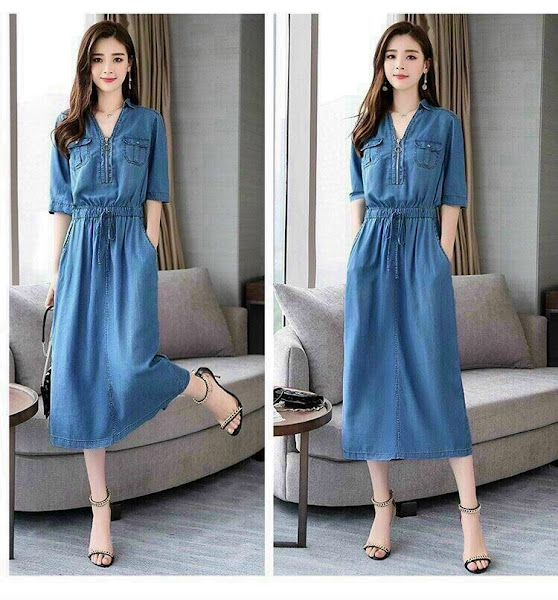 [Hcm] V-Necklace Jean Dress with Zipper