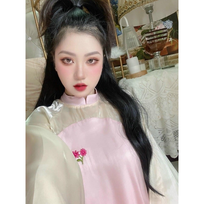 Set lam hoa thêu hồng phối voan tơ