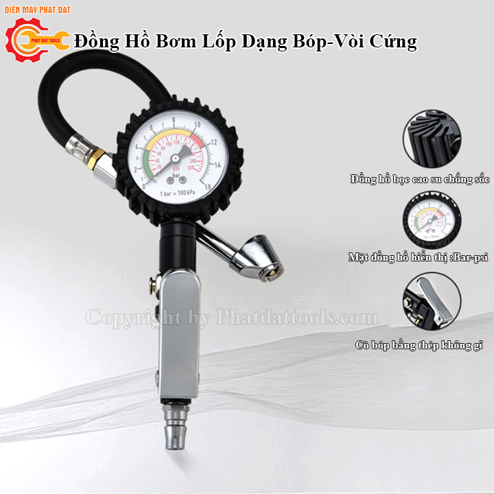 Đồng hồ bơm lốp dạng bóp tay - đầu bơm cứng, bảo hành 6 tháng