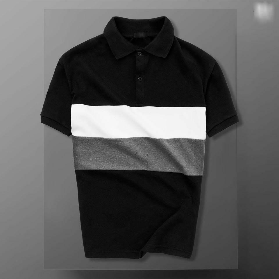 Áo thun nam ngắn tay cổ bẻ phối màu sọc ngang xám trắng thời trang cực ngầu Chất cotton mềm mịnthoáng mát