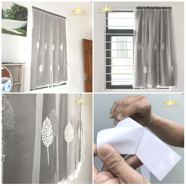 Rèm cửa dán tường màu xám ghi chống nắng 2 lớp họa tiết voan trắng chống nắng cao cấp dễ lắp đặt