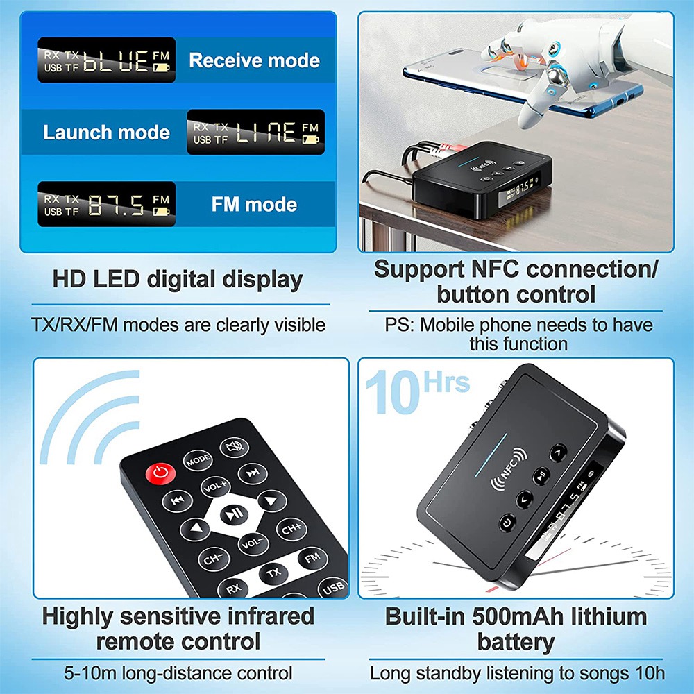 Bluetooth 5.0 Receiver Transmitter FM Stereo AUX 3.5mm Jack RCA Wireless NFC Bluetooth Audio Adapter for TV PC Headphone