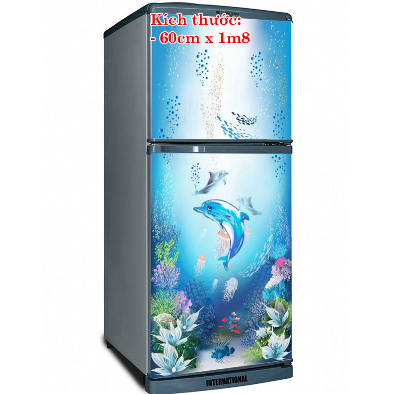 [HCM]Decal dán trang trí tủ lạnh mẫu thế giới cá heo. Decal in trên chất liệu PVC  có keo sẵn ở mặt sau chỉ cần lột ra và dán.