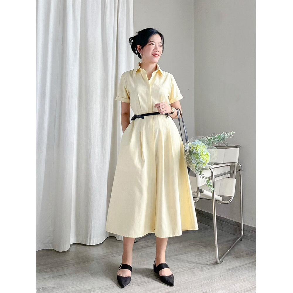 Đầm sơ mi chiết eo dáng dài xếp ly tùng sọc dọc