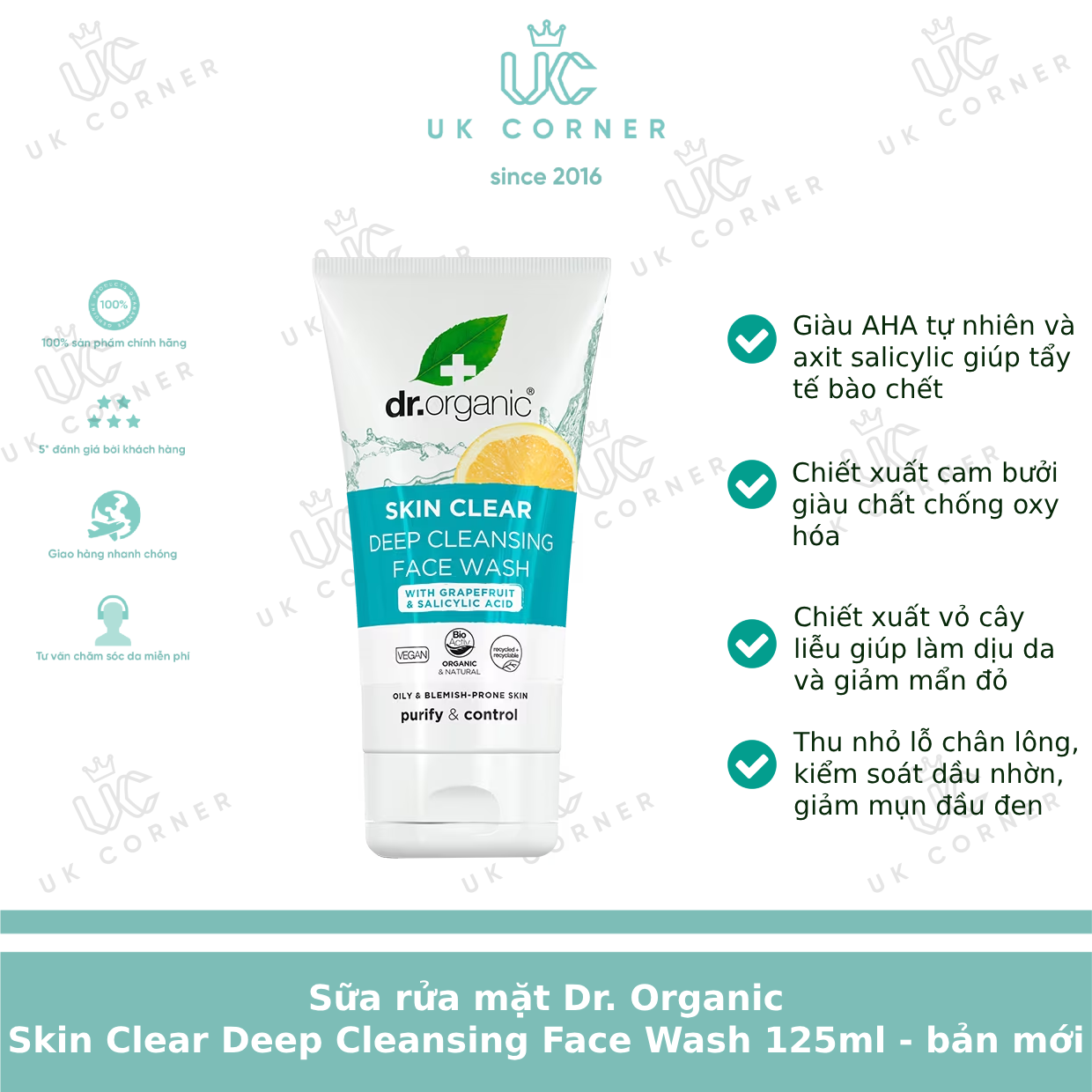 Sữa rửa mặt làm sạch sâu Dr Organic Skin Clear Deep Pore Cleansing Face Wash