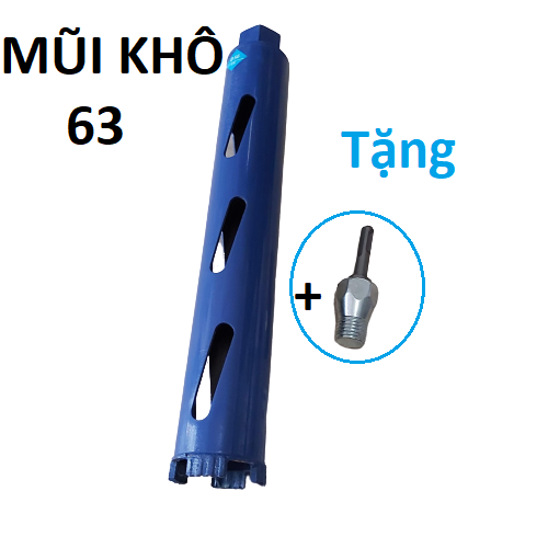 Mũi khoan rút lõi khô kích thước 63x370mm lưỡi hợp kim và  01 đầu ren chuyển sang khoan bê tông