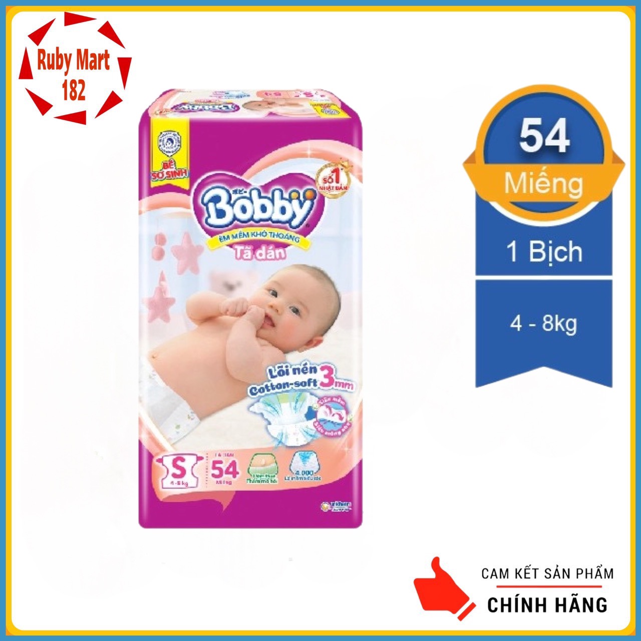 Bỉm - Tã dán Bobby size S 54 miếng (Cho bé 4 - 8kg)