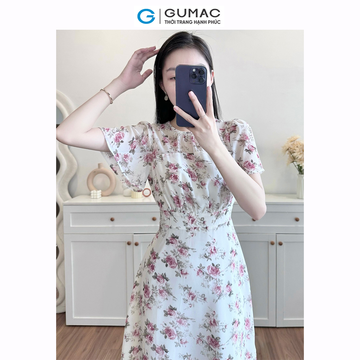 [15 - 17.6 |Voucher 8-15%] Đầm nữ dáng A công sở GUMAC LDD1217 nhún eo phối nút trang trí