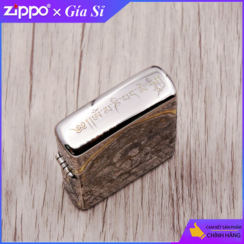 Bât lửa Zippo khắc đức phật toạ đài sen bản mạ Chrome