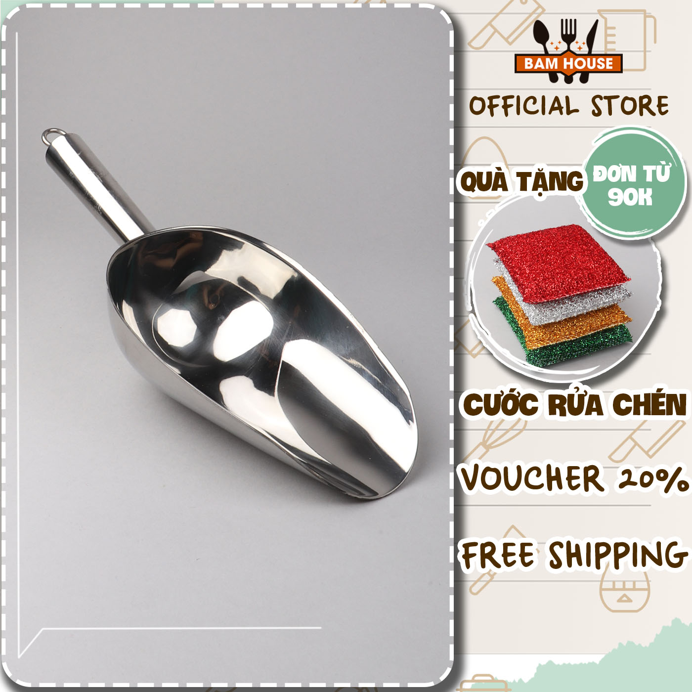 Dụng cụ xúc đá, xúc gạo và xúc đậu inox 304 Bam House sáng bóng cao cấp