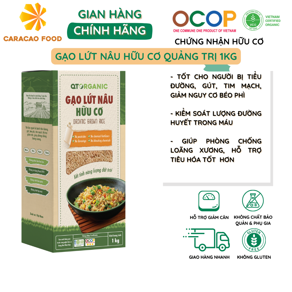 Gạo lứt nâu hữu cơ 1kg hộp - Caracao Food