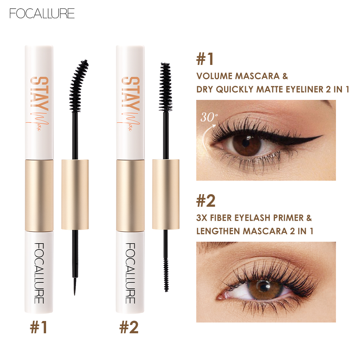 FOCALLURE Mascara kiêm bút kẻ mắt và lót mi dạng sợi 2 trong 1