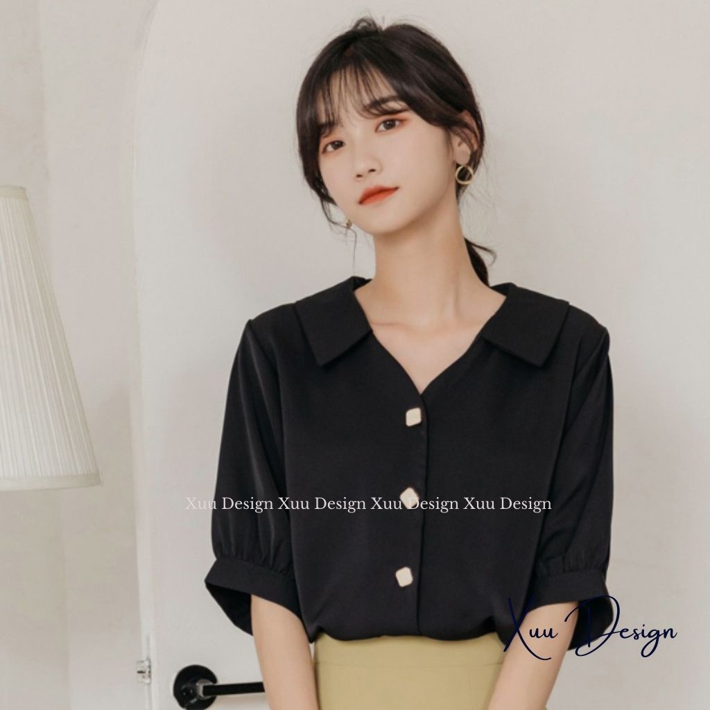 Áo sơ mi nữ kiểu cổ V Xuu , kiểu dáng basic trơn tay lỡ thời trang - SP44