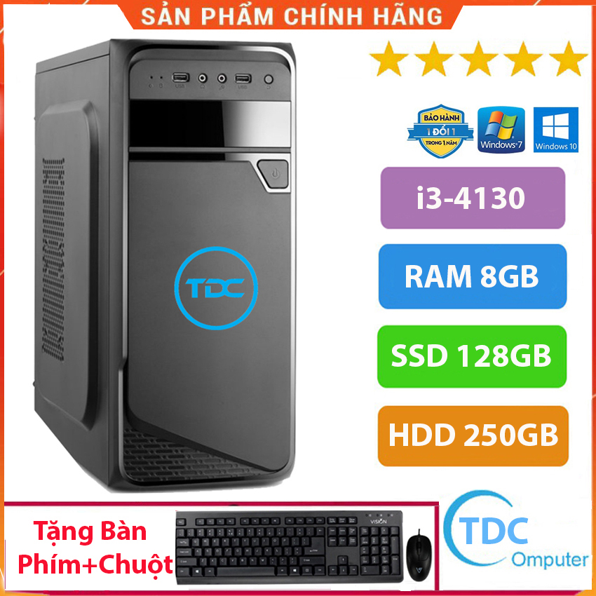Case máy tính để bàn, máy tính chơi game,cây máy tính văn phòng MAX PC CPU Core i3 4130 Ram 8GB SSD 128GB+ HDD 250GB+ Qùa tặng bộ phím chuột, bàn di chuột. Bảo hành 12 tháng.