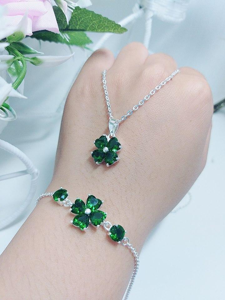 Bộ trang sức bạc cỏ bốn lá đính đá phong thủy