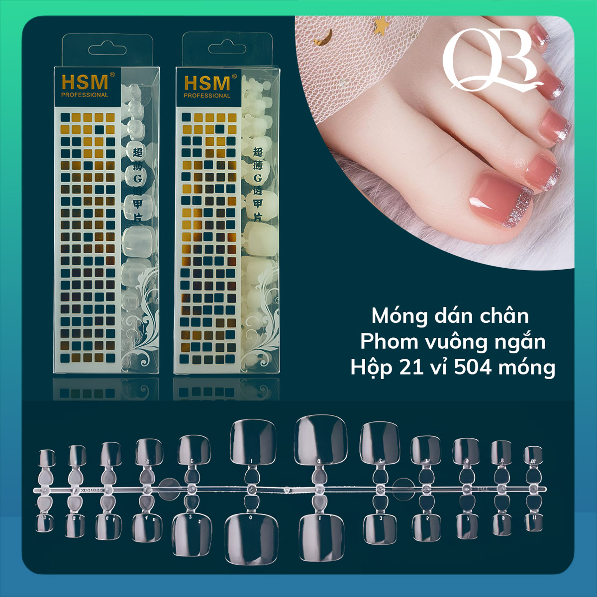 Móng dán chân HSM hộp 504 móng giả phom dài ngắn (móng úp)
