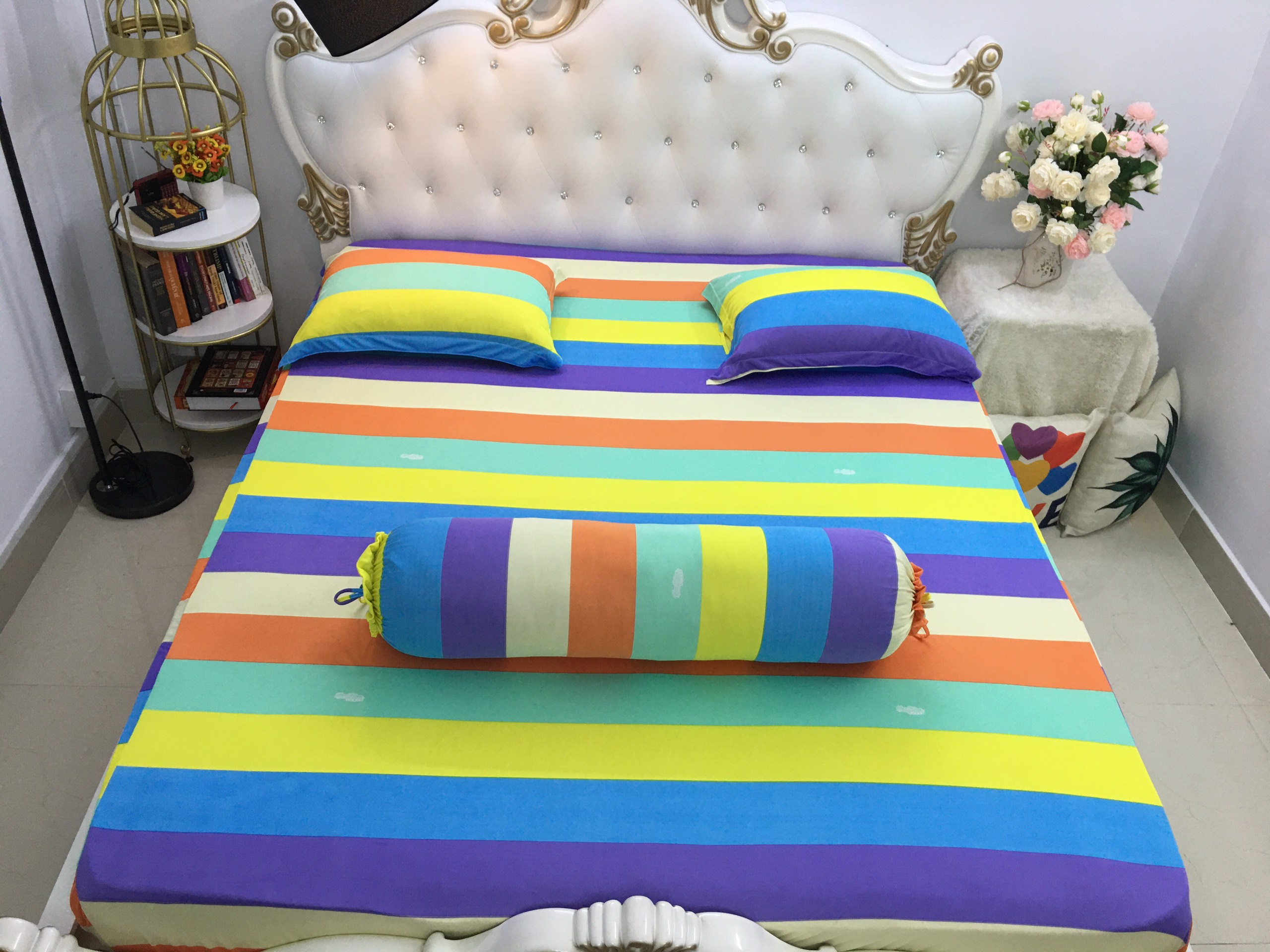 Bộ ga giường - drap thun Hàn mẫu cầu vòng (1 ga nệm, 2 vỏ gối nằm, 1 vỏ gối ôm)