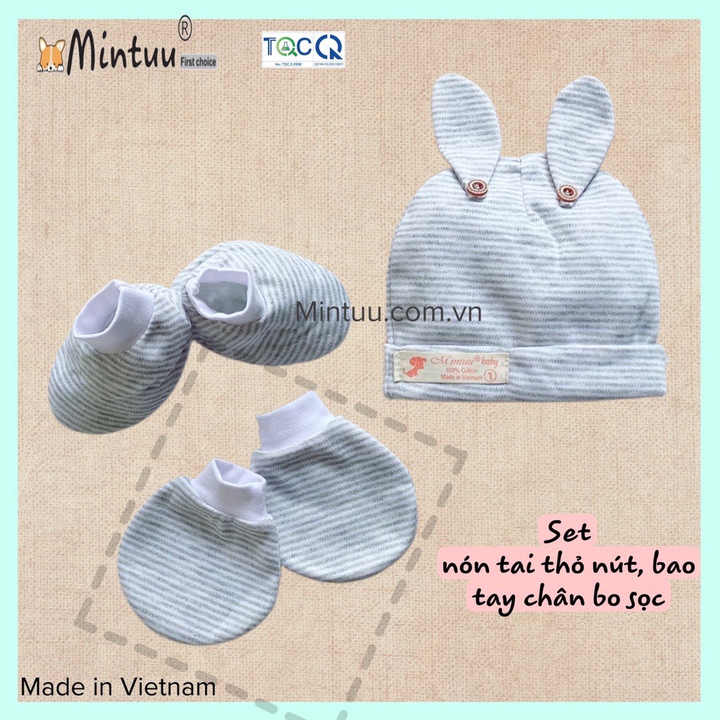 Set Mũ / nón tai thỏ kèm bao tay bao chân bo sọc 100% cotton sơ sinh Mintuu