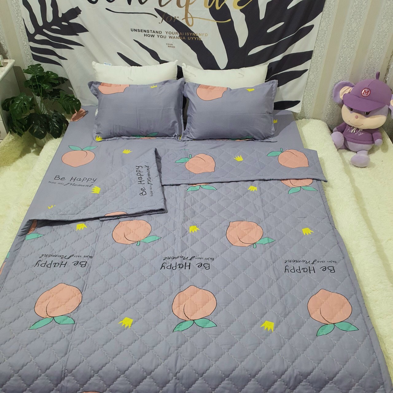 Bộ chăn ga gối cotton poly - hình đào tím tiệm nhà cá